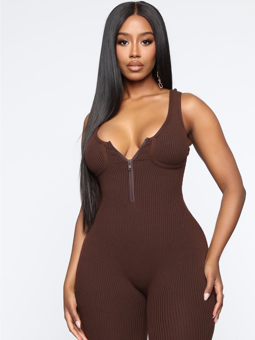 Fashion Nova Chocolate Ribbed Zip-Front Bodysuit